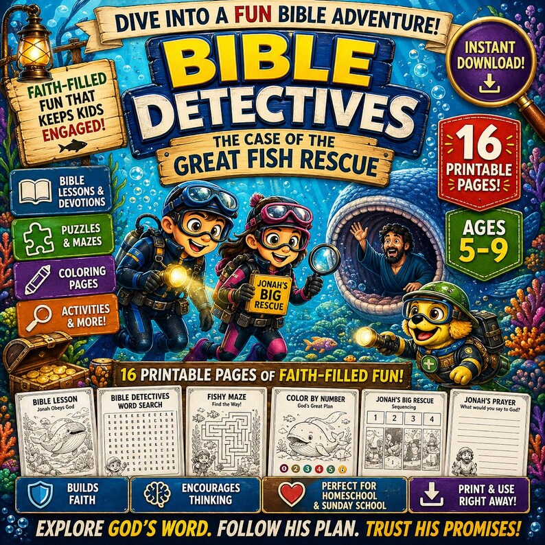 Pode incluir: Um livro de atividades colorido do Bible Detectives com o tema "O Caso do Grande Resgate de Peixes". A capa apresenta mergulhadores de desenhos animados, uma baleia e o texto "16 p&aacute;ginas para imprimir". Inclui quebra-cabe&ccedil;as, p&aacute;ginas para colorir e atividades para crian&ccedil;as de 5 a 9 anos.