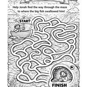 Pode incluir: Ilustra&ccedil;&atilde;o em preto e branco de um labirinto com a palavra "Jonah" no topo. O labirinto apresenta um barco com "IN&Iacute;CIO" e um peixe com "FIM". O texto diz: "Ajude Jonas a encontrar o caminho atrav&eacute;s do labirinto at&eacute; onde o grande peixe o engoliu!"