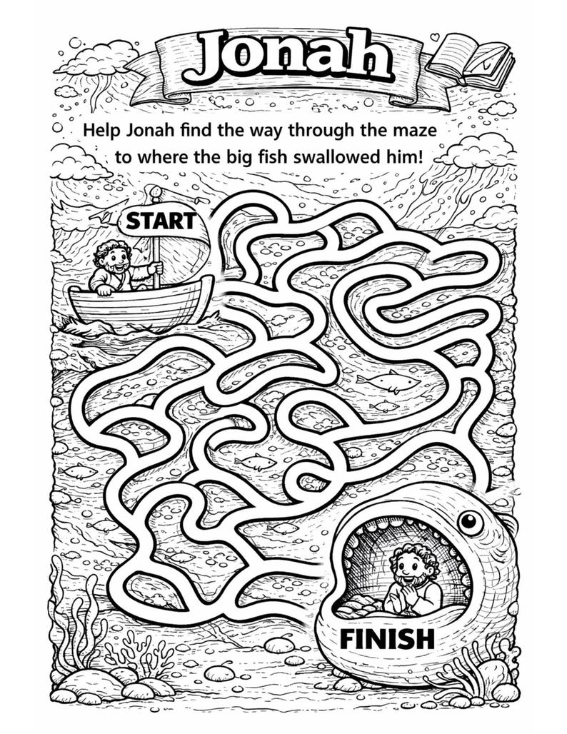 Pode incluir: Ilustra&ccedil;&atilde;o em preto e branco de um labirinto com a palavra "Jonah" no topo. O labirinto apresenta um barco com "IN&Iacute;CIO" e um peixe com "FIM". O texto diz: "Ajude Jonas a encontrar o caminho atrav&eacute;s do labirinto at&eacute; onde o grande peixe o engoliu!"