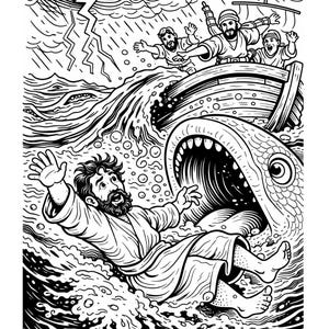 Pode incluir: Ilustra&ccedil;&atilde;o em preto e branco retratando uma cena b&iacute;blica. Um homem caindo no mar, com um grande peixe abrindo a boca. Um barco com homens est&aacute; ao fundo, e um raio atinge o c&eacute;u tempestuoso.
