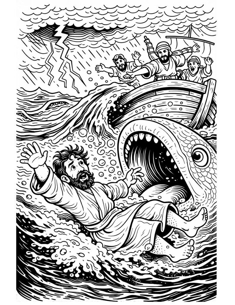 Pode incluir: Ilustra&ccedil;&atilde;o em preto e branco retratando uma cena b&iacute;blica. Um homem caindo no mar, com um grande peixe abrindo a boca. Um barco com homens est&aacute; ao fundo, e um raio atinge o c&eacute;u tempestuoso.