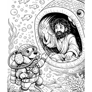 Pode incluir: Ilustra&ccedil;&atilde;o em preto e branco de um homem dentro da boca de um peixe grande, acenando para um c&atilde;o mergulhador. O c&atilde;o est&aacute; usando um traje de mergulho e barbatanas. Bolhas e peixes no fundo. A imagem &eacute; em estilo cartoon.