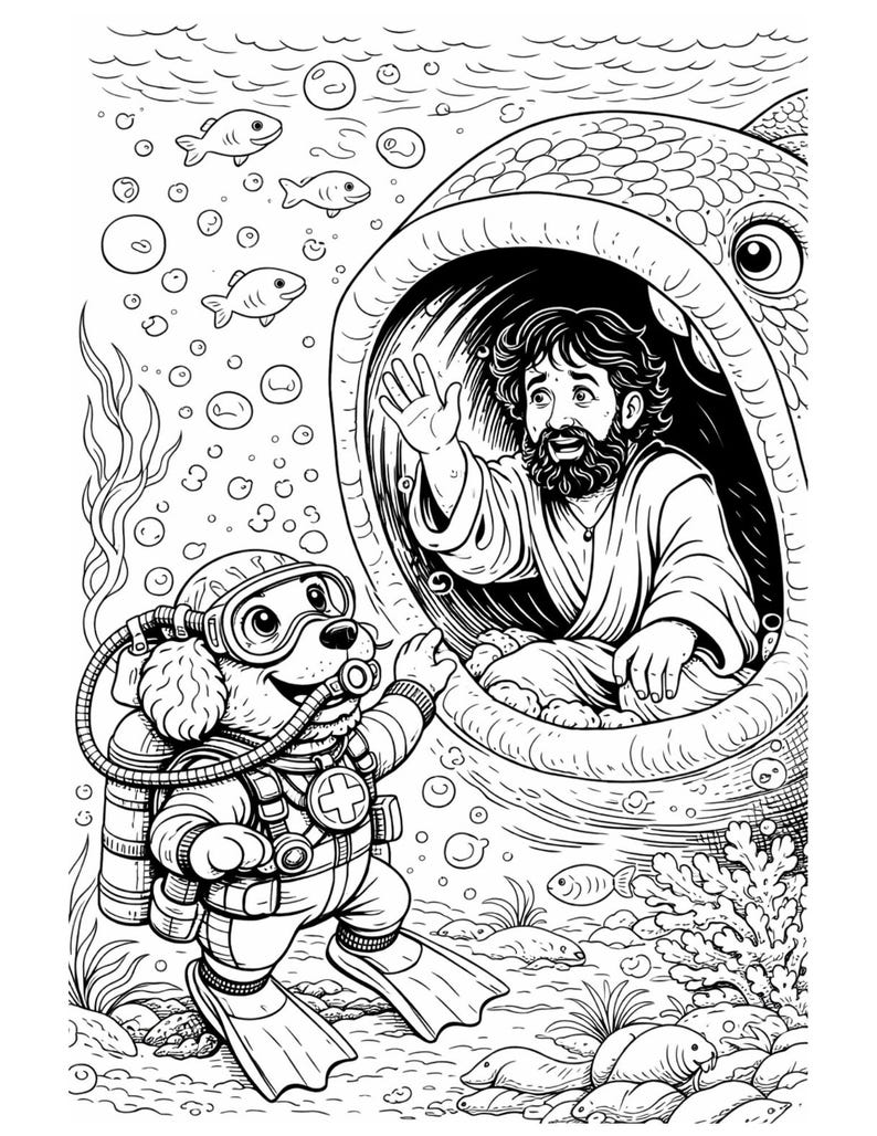 Pode incluir: Ilustra&ccedil;&atilde;o em preto e branco de um homem dentro da boca de um peixe grande, acenando para um c&atilde;o mergulhador. O c&atilde;o est&aacute; usando um traje de mergulho e barbatanas. Bolhas e peixes no fundo. A imagem &eacute; em estilo cartoon.