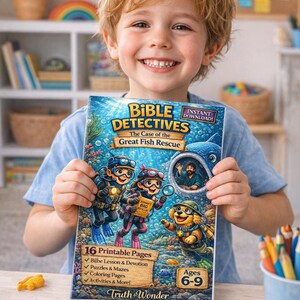 Pode incluir: Uma crian&ccedil;a sorrindo segura um livro colorido intitulado "Bible Detectives: The Case of the Great Fish Rescue". A capa apresenta personagens de desenhos animados com roupas de mergulho e uma baleia. O livro inclui 16 p&aacute;ginas para imprimir para crian&ccedil;as de 6 a 9 anos.