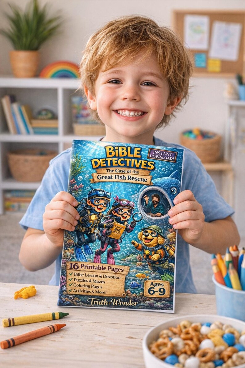 Pode incluir: Uma crian&ccedil;a sorrindo segura um livro colorido intitulado "Bible Detectives: The Case of the Great Fish Rescue". A capa apresenta personagens de desenhos animados com roupas de mergulho e uma baleia. O livro inclui 16 p&aacute;ginas para imprimir para crian&ccedil;as de 6 a 9 anos.