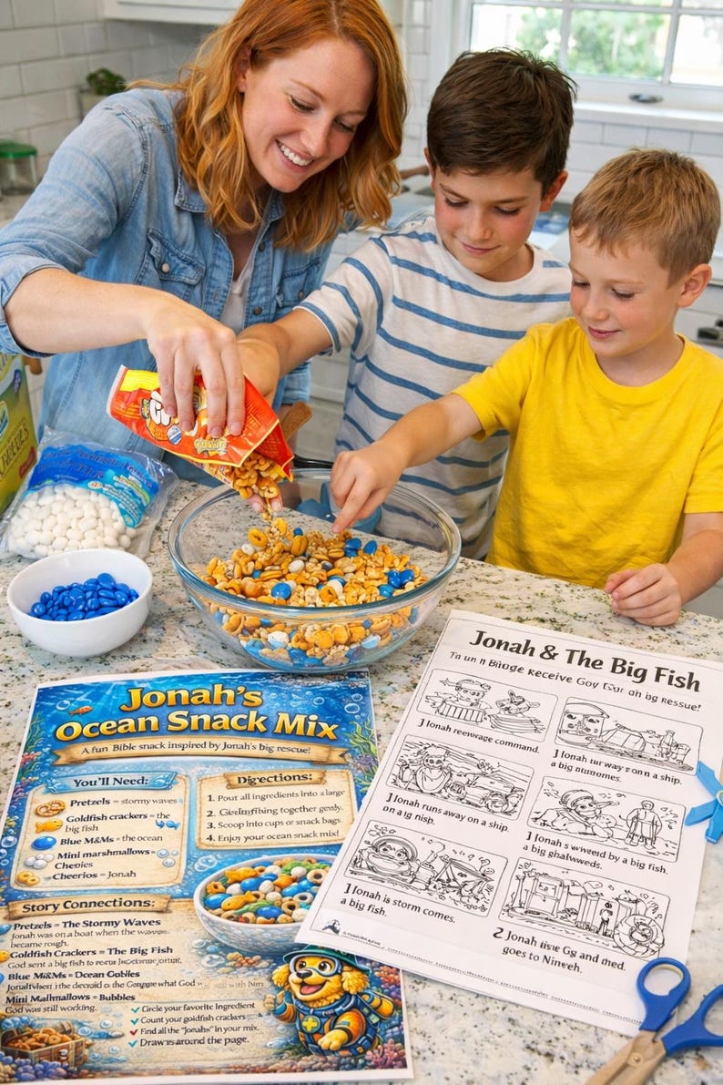 Pode incluir: Uma fam&iacute;lia prepara uma mistura de lanches com pretzels, bolachas Goldfish, M&M's azuis, mini marshmallows e Cheerios. A mistura &eacute; inspirada na hist&oacute;ria b&iacute;blica de Jonas e do peixe grande, com instru&ccedil;&otilde;es e ilustra&ccedil;&otilde;es.