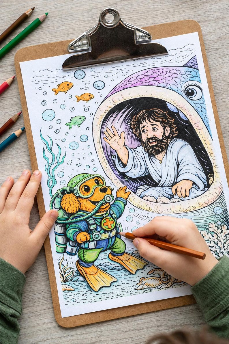 Pode incluir: Uma p&aacute;gina para colorir com uma ilustra&ccedil;&atilde;o de desenho animado de um homem em uma t&uacute;nica branca acenando de dentro da boca de uma baleia. Um cachorro com roupa de mergulho acena de volta. A cena inclui bolhas, peixes e algas marinhas, tudo em uma prancheta.