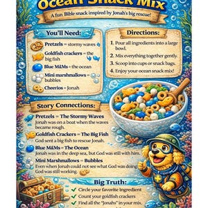Pode incluir: Uma receita ilustrada e colorida para "Jonah's Ocean Snack Mix", com um design de desenho animado divertido. A receita inclui pretzels, bolachas de peixe, M&M's azuis, mini marshmallows e Cheerios. A imagem apresenta uma tigela da mistura e um c&atilde;o de desenho animado.