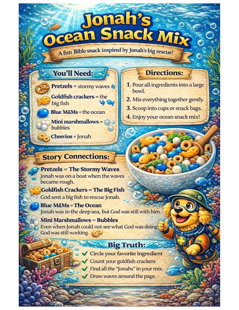 Pode incluir: Uma receita ilustrada e colorida para "Jonah's Ocean Snack Mix", com um design de desenho animado divertido. A receita inclui pretzels, bolachas de peixe, M&M's azuis, mini marshmallows e Cheerios. A imagem apresenta uma tigela da mistura e um c&atilde;o de desenho animado.