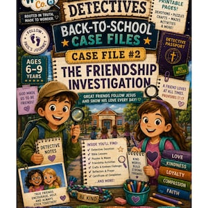 May include: A colorful educational activity book titled Bible Detectives Back-to-School Case Files #2: The Friendship Investigation. The cover features two cartoon children with magnifying glasses, school supplies, and text detailing 16 printable pages.