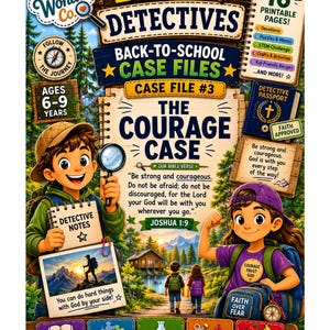 May include: A colorful educational activity book titled Bible Detectives Back-to-School Case Files Case File #3 The Courage Case. The cover features two cartoon children, a magnifying glass, a compass, and text including Joshua 1:9 and 16 printable pages.