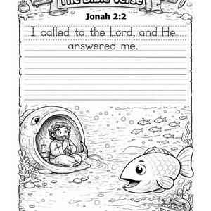 Pode incluir: P&aacute;gina para colorir em preto e branco com o texto "Write Out The Bible Verse Jonah 2:2". A imagem retrata uma cena b&iacute;blica com um homem em um peixe, um peixe sorrindo e um ba&uacute; do tesouro.