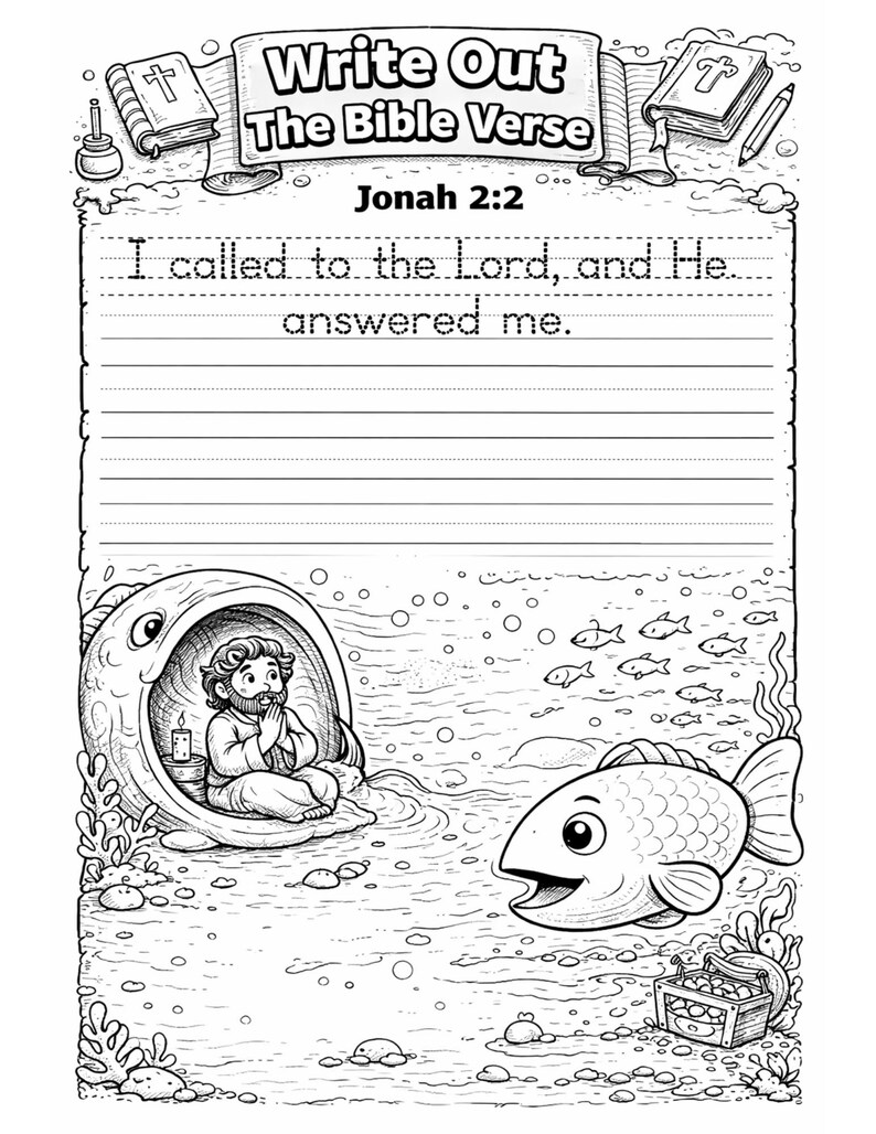 Pode incluir: P&aacute;gina para colorir em preto e branco com o texto "Write Out The Bible Verse Jonah 2:2". A imagem retrata uma cena b&iacute;blica com um homem em um peixe, um peixe sorrindo e um ba&uacute; do tesouro.