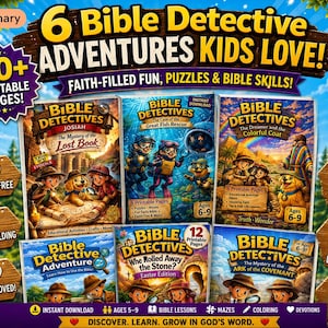 Può includere: Una raccolta di sei libri di attività stampabili intitolati 6 Bible Detective Adventures Kids Love, con illustrazioni colorate di bambini e animali che esplorano temi biblici, puzzle e labirinti, con testo che indica oltre 80 pagine stampabili.