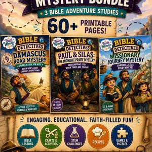 Peut inclure: Un ensemble numérique intitulé Paul's Mystery Bundle comprenant plus de 60 pages imprimables d'études bibliques pour enfants de 6 à 9 ans. Il inclut trois guides d'étude : Damascus Road Mystery, Paul & Silas et Missionary Journey Mystery.