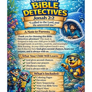 Pode incluir: Cartaz colorido para "Underwater Bible Detectives" com uma baleia, mergulhadores e um c&atilde;o com capacete de mergulho. O cartaz inclui o texto "Welcome Parents!" e "Jonah 2:2". Lista o que as crian&ccedil;as aprender&atilde;o e o que est&aacute; inclu&iacute;do.