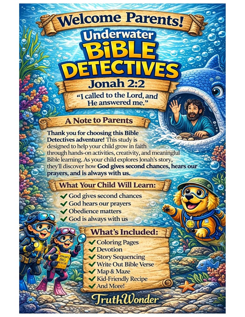 Pode incluir: Cartaz colorido para "Underwater Bible Detectives" com uma baleia, mergulhadores e um c&atilde;o com capacete de mergulho. O cartaz inclui o texto "Welcome Parents!" e "Jonah 2:2". Lista o que as crian&ccedil;as aprender&atilde;o e o que est&aacute; inclu&iacute;do.