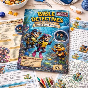 Pode incluir: Um conjunto de atividades infantis colorido com o tema Detetives da B&iacute;blia. O conjunto inclui um livro de exerc&iacute;cios com o t&iacute;tulo "The Case of the Great Fish Rescue", p&aacute;ginas para colorir e um copo de l&aacute;pis de cor. Tesoura azul, &oacute;culos e lanches.