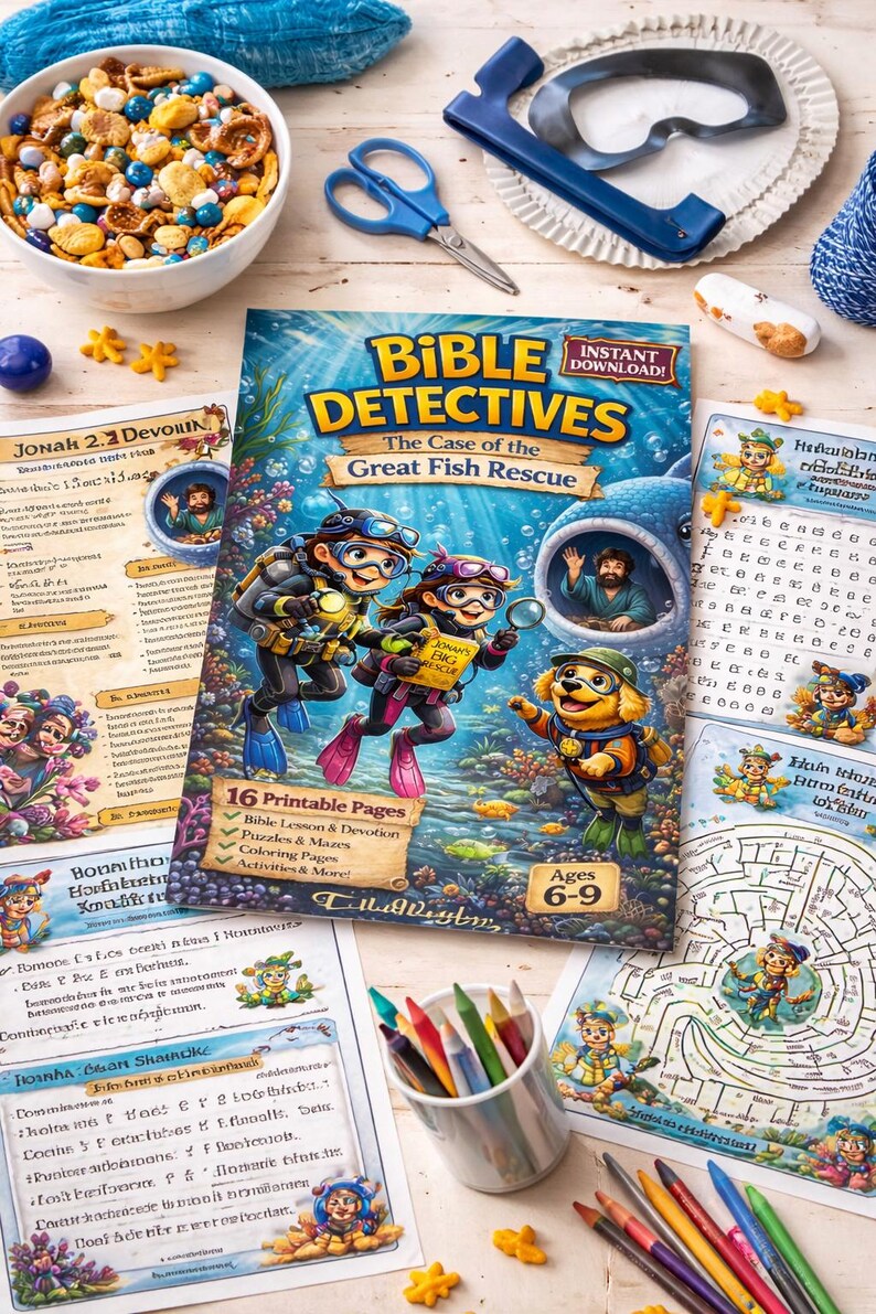 Pode incluir: Um conjunto de atividades infantis colorido com o tema Detetives da B&iacute;blia. O conjunto inclui um livro de exerc&iacute;cios com o t&iacute;tulo "The Case of the Great Fish Rescue", p&aacute;ginas para colorir e um copo de l&aacute;pis de cor. Tesoura azul, &oacute;culos e lanches.
