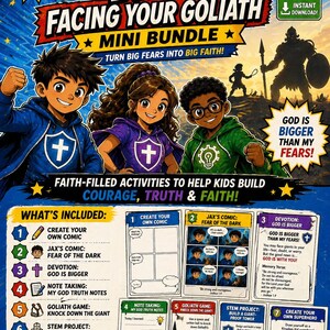 Paquete básico de estudio bíblico cristiano para niños / Actividades de fe sobre David y Goliat (6-10 años)