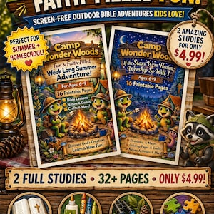 May include: A promotional image for children's summer activities. It features two illustrated booklets titled "Camp Wonder Woods" and "Camp Wonder Woo," with a raccoon illustration. The image includes text such as "Fun & Faith-Filled" and "Build Faith. Have Fun. Make Memories!"
