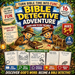 Könnte beinhalten: Bunte Illustration für ein Kinder-Aktivitätsbuch mit dem Titel "Bible Detective Adventure". Das Bild zeigt zwei Cartoon-Kinder mit Lupen, eine Schatzkiste und eine Heilige Bibel. Der Text enthält "Learn Bible Skills" und "Ages 5-9".