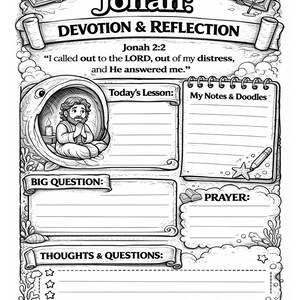 Pode incluir: P&aacute;gina devocional ilustrada em preto e branco intitulada "Jonah: Devotion & Reflection". Apresenta texto de Jonas 2:2, com se&ccedil;&otilde;es para anota&ccedil;&otilde;es, perguntas e ora&ccedil;&atilde;o. Inclui ilustra&ccedil;&otilde;es de um homem, uma baleia e livros abertos.