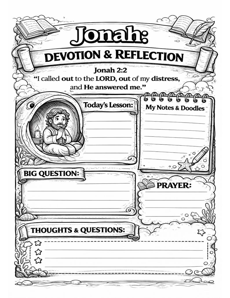 Pode incluir: P&aacute;gina devocional ilustrada em preto e branco intitulada "Jonah: Devotion & Reflection". Apresenta texto de Jonas 2:2, com se&ccedil;&otilde;es para anota&ccedil;&otilde;es, perguntas e ora&ccedil;&atilde;o. Inclui ilustra&ccedil;&otilde;es de um homem, uma baleia e livros abertos.