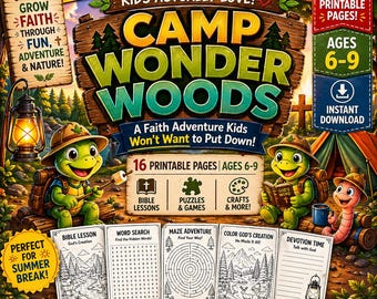 Studium Biblii dla dzieci w Camp Wonder Woods: zajęcia z wiary, łamigłówki, prace plastyczne (plik PDF do pobrania)