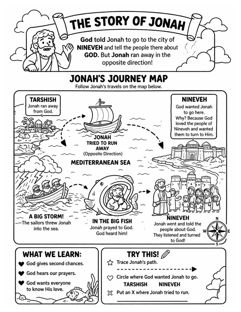 Pode incluir: Ilustra&ccedil;&atilde;o em preto e branco de um mapa da jornada de Jonas, com um barco, uma baleia e as cidades de T&aacute;rsis e N&iacute;nive. O texto inclui "A Hist&oacute;ria de Jonas" e "O Mapa da Jornada de Jonas."