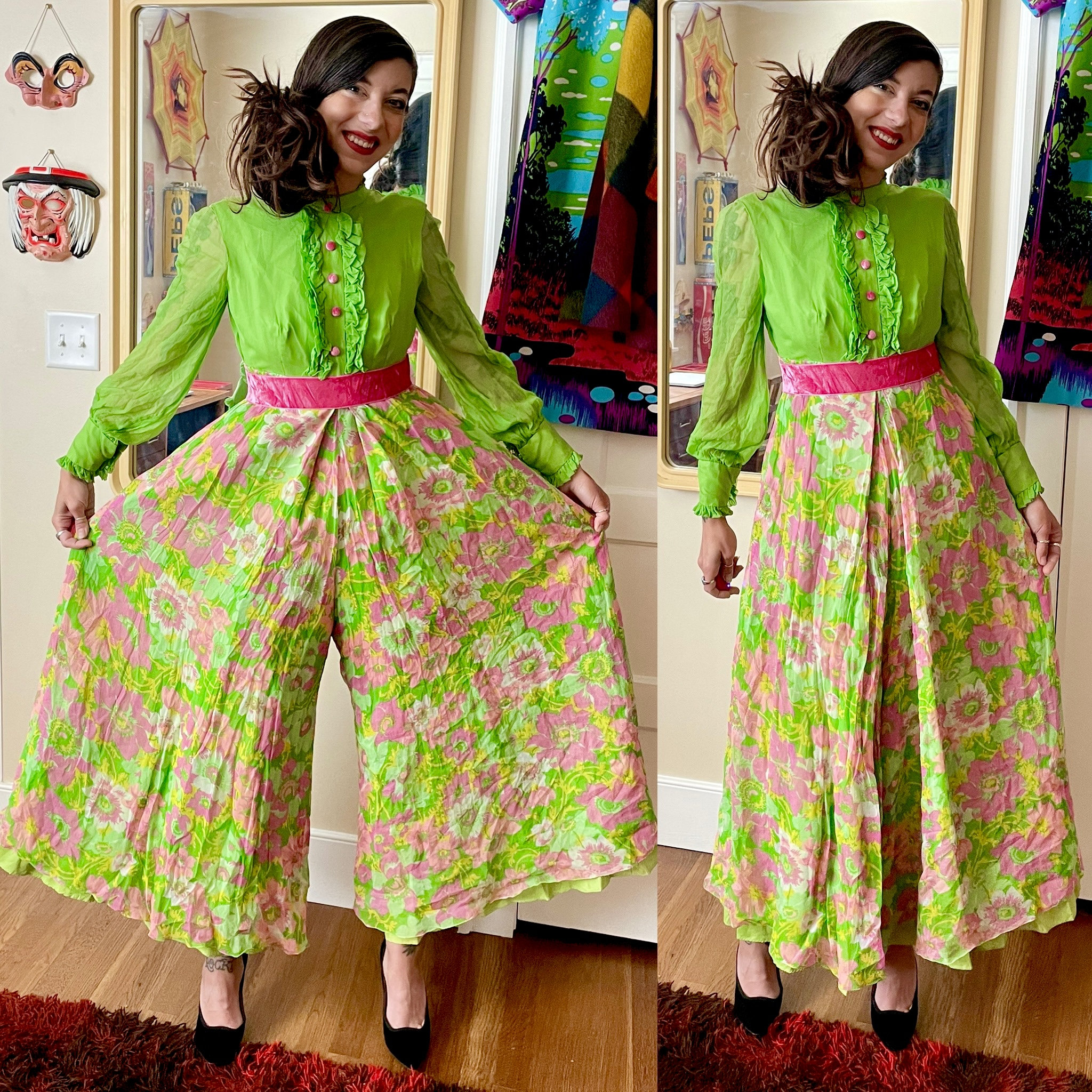 カットソー(長袖+七分) mother - vintage velourstops Vintage 1960's Chartreuse Green Pink Chiffon Palazzo