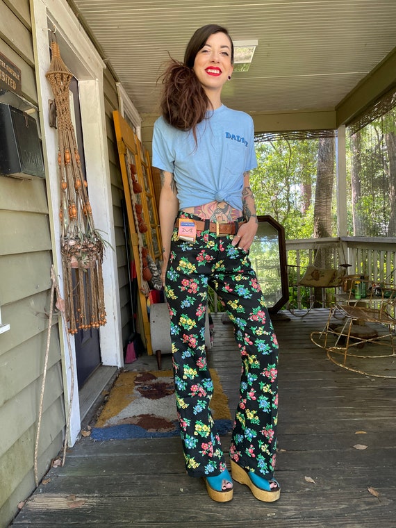 Rare Vintage Deadstock Maverick Bell Bottoms Black Floral Flares