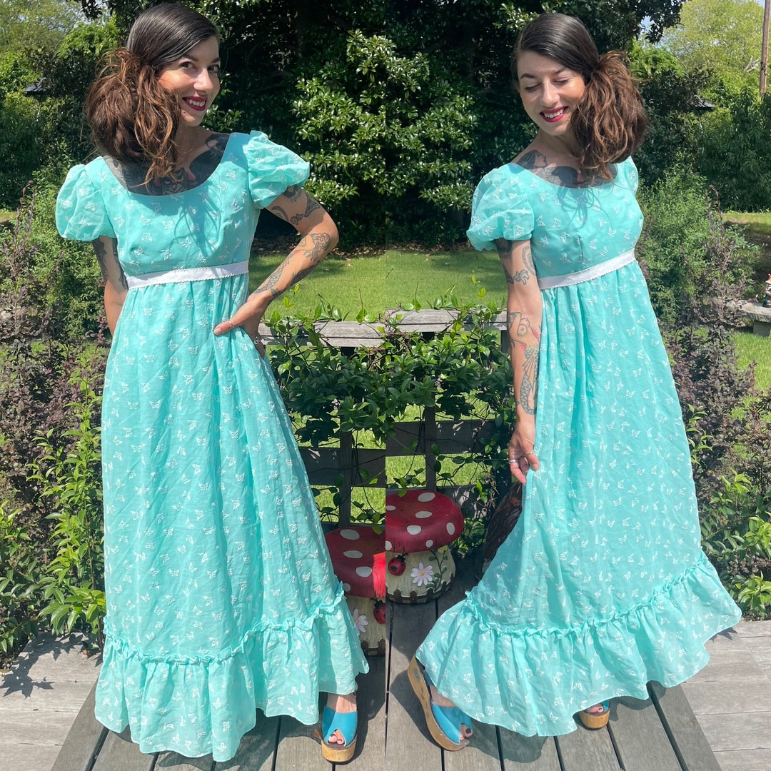 Vintage 1960's Montaldo's Turquoise Velvet Butterflies Maxi Dress
