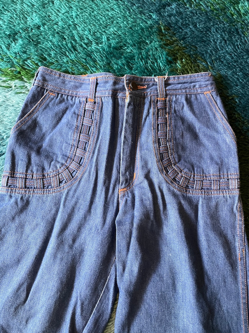 Rare Vintage 1970\u2019s N\u2019est Ce Pas Bell Bottom Flare Jeans Buckle Back Orange Stitching size 28\u201d
