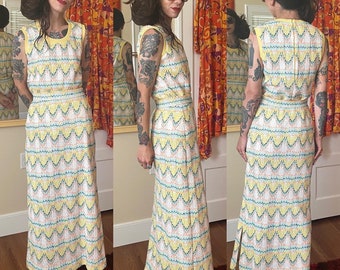 Vintage 1970’s Maxi Skirt Set Op Art Embroidered Chevron size small 26 Dalton