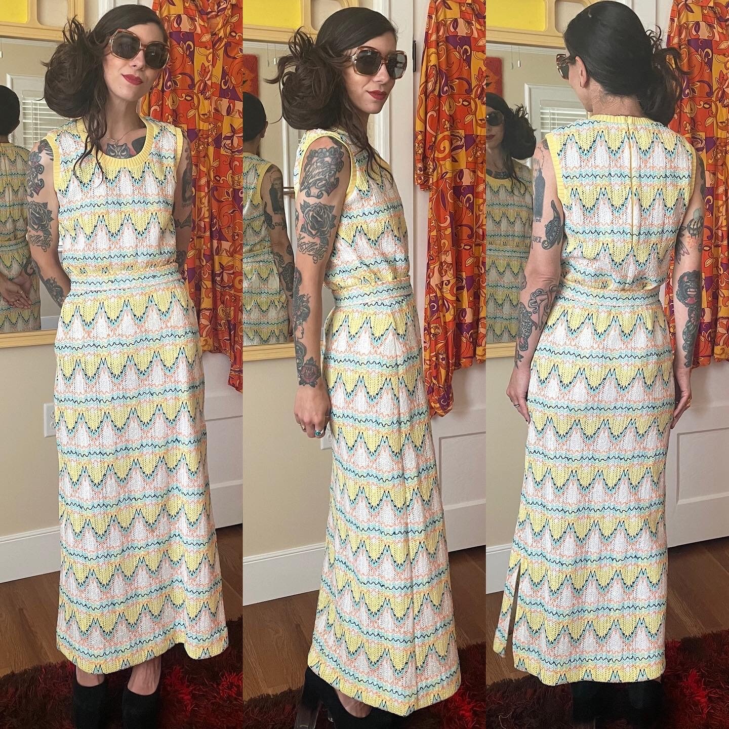 Vintage 1970’s Maxi Skirt Set Op Art Embroidered Chevron size small 26 Dalton