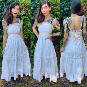 Vintage 1970’s White Pink Prairie Dress Cotton Phase II Maxi Dress xs