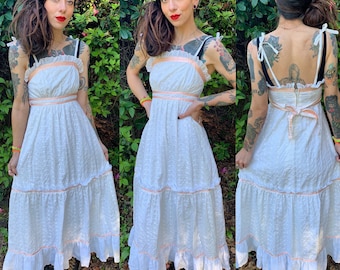 Vintage 1970’s White Pink Prairie Dress Cotton Phase II Maxi Dress xs