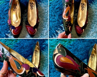 Rare Vintage Multi Color Leather ZALO Flats Mallards Ducks size 4.5 Novelty Shoes