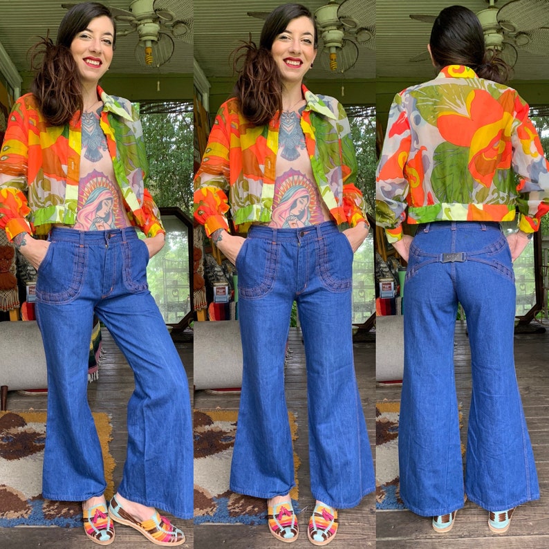 Rare Vintage 1970\u2019s N\u2019est Ce Pas Bell Bottom Flare Jeans Buckle Back Orange Stitching size 28\u201d