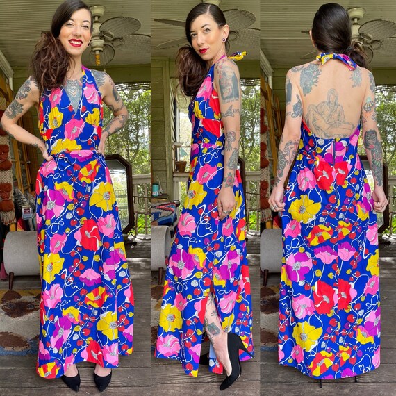 Vintage 1970’s Neon Floral Maxi Halter Dress Hawai