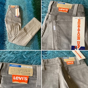 Calças de veludo cinza Levi’s Vintage 1970, White Tab xxs xs 24 cintura NWT Button Fly