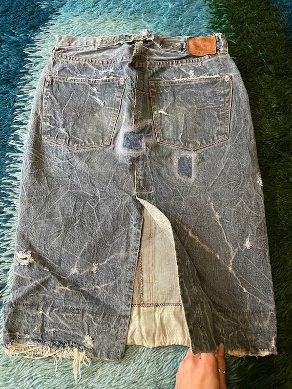 Very Rare Vintage Levi's LVC 1937 501XX Distressed Denim Jean Skirt Buckle Back Leather Patch Size 30 Selvedge