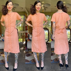 Vintage 1950’s Peach Orange Cotton Dress Shift Lace Floral Bows size 30” Waist