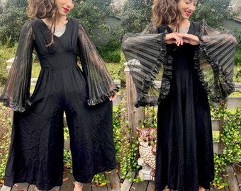 Vintage RARE Black Angel Sleeve Knife Pleat Palazzo Jumpsuit Glam Disco XS S