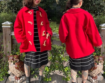 Vintage Red Wool Jacket Coat XL Toggle Buttons Pockets