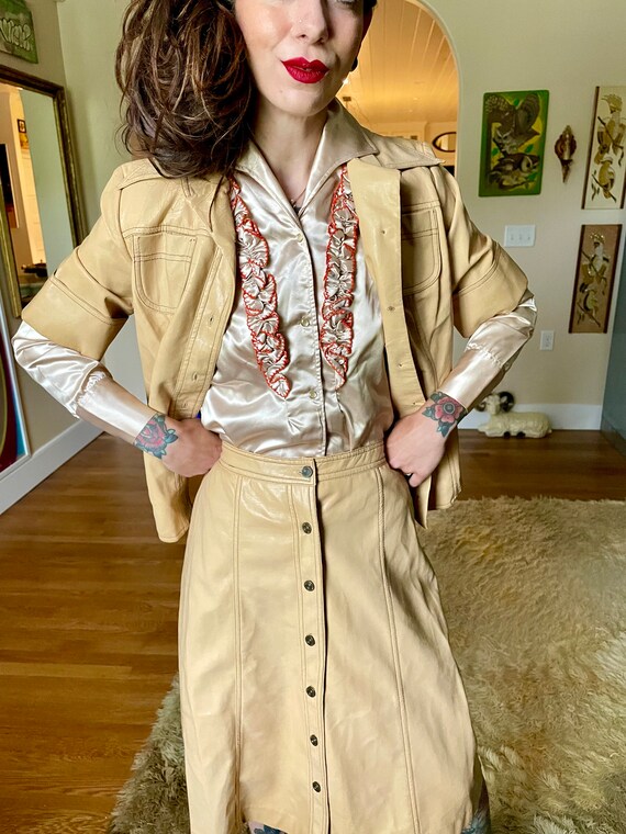 Vintage 1970’s Tan Vinyl Skirt Set Suit Jonathan … - image 3