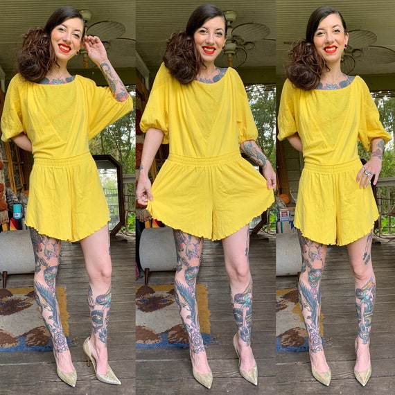 Vintage 1970’s Bright Yellow Cotton Romper XXL XL