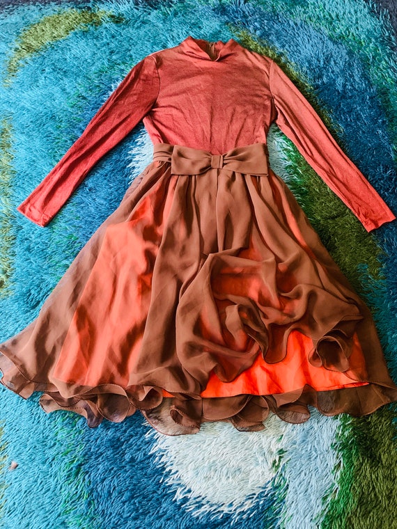 Stunning Vintage 1970’s Orange Brown Ruffle Crepe… - image 7