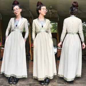 Vintage Couture 1950-tals maxiklänning silverfärgade paljetter fickor sällsynt ecru xs